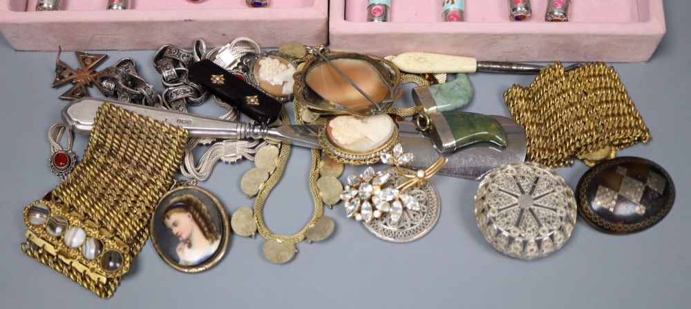 Mixed costume jewellery etc. including a pair of gilt metal and agate set bracelets.